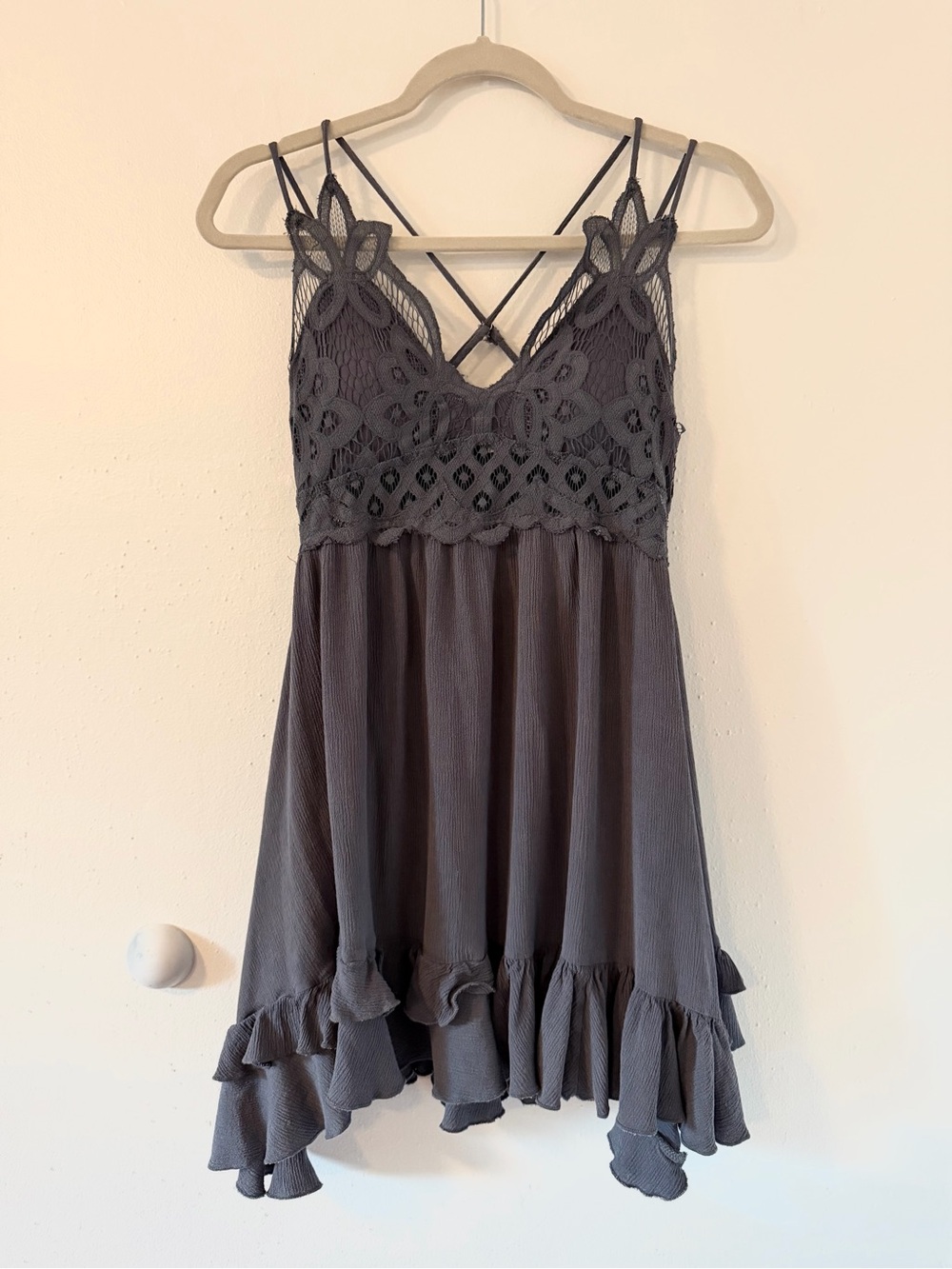 LA MIEL Slate Gray Lace Detail Mini Dress Adela Free People Dupe